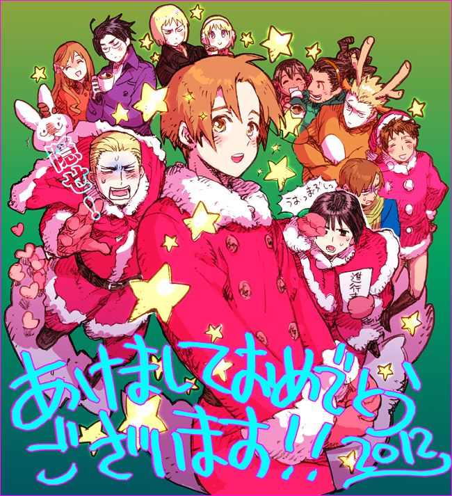 an anime poster with many people dressed up in christmas outfits and stars on the background