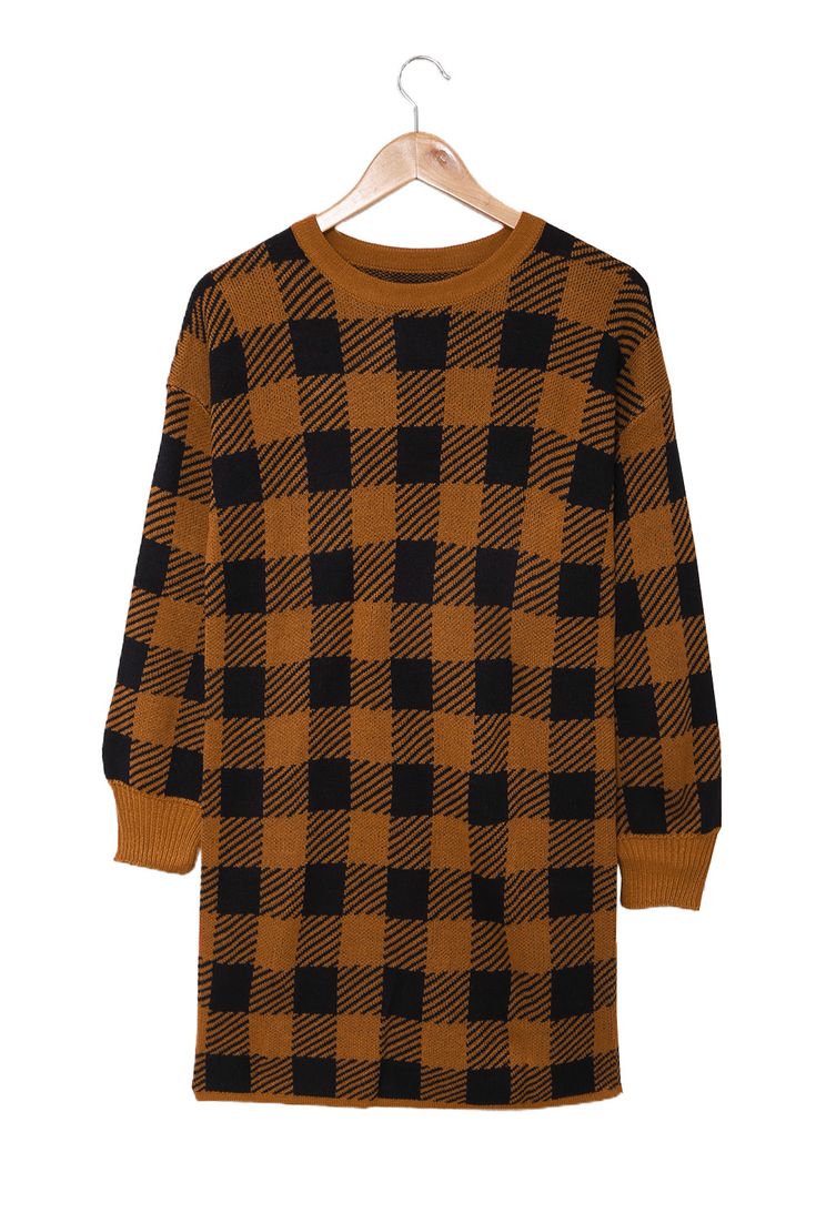 Brown Plaid Sweater Dress Oversized Brown Dress For Winter, Casual Plaid Mini Dress For Winter, Casual Mini Dress For Daywear In Fall, Oversized Dresses For Fall Daywear, Brown Mini Dress For Daywear In Fall, Brown Dresses For Daywear In Fall, Plaid Dresses For Winter Daywear, Plaid Dress For Daywear In Winter, Plaid Dresses For Daywear In Winter