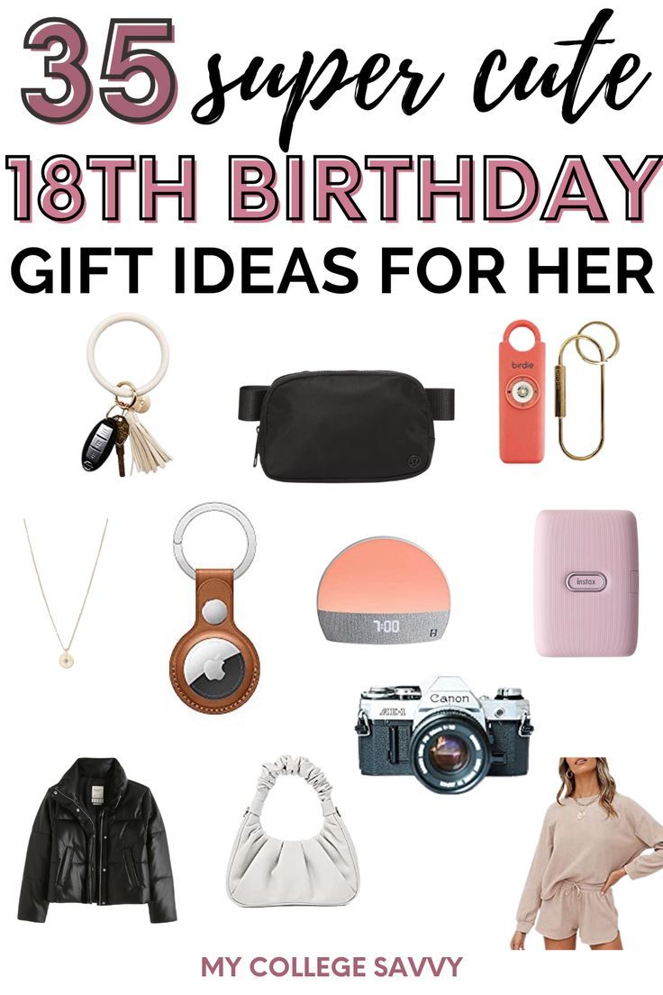 the birthday gift guide for her with text that reads, 35 super cute 18th birthday gifts for