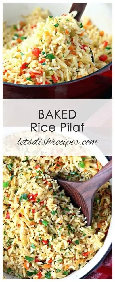 baked rice pilaf in a skillet with a wooden spoon on the side