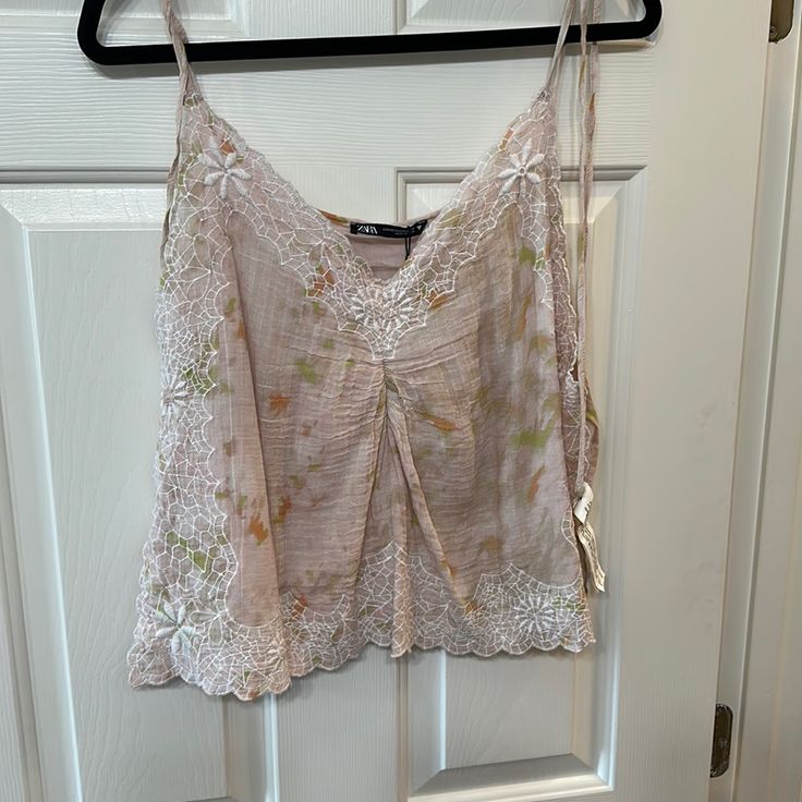 Light Pink, Green, Orange Zara Tank Top. Lace Details. Bohemian Floral Print Camisole For Spring, Zara Casual Camisole For Spring, Casual Zara Camisole For Spring, Y2k Shopping, Zara Basic Top, Zara Summer, White Ruffle Top, Zara Tank Top, Layered Tank Top