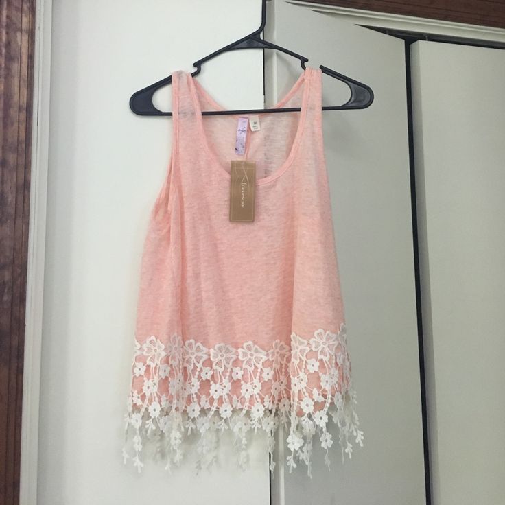 Gorgeous Coral Sheer Top From Francesca's! Pink Lace Tank Top With Lace Trim, Pink Lace Tank Top For Summer, Pink Lace Feminine Tank Top, Feminine Pink Lace Tank Top, Spring Pink Lace Top With Patchwork, Feminine Lace Patchwork Tank Top For Spring, Pink Lace Top With Patchwork For Spring, Casual Lace Tank Top With Patchwork, Pink Lace Tank Top For Spring