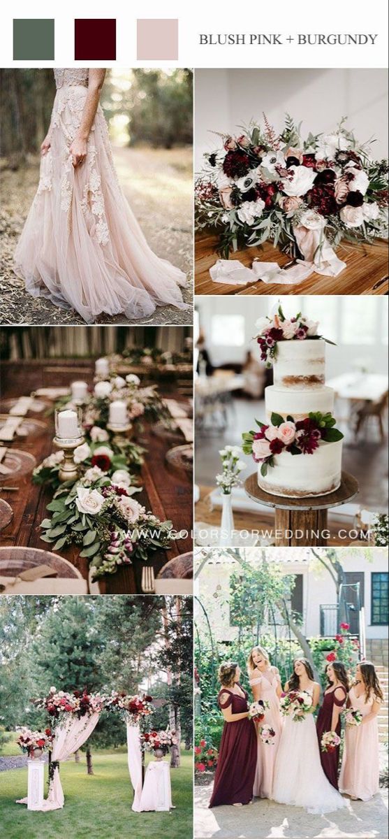 wedding color palettes with burgundy, pink and white flowers on the bottom right hand corner