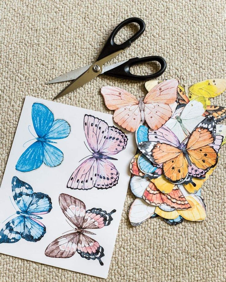 scissors and paper butterflies on the ground next to a piece of art with cut outs