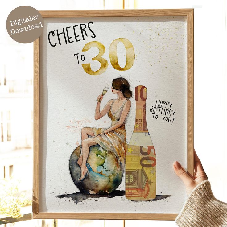 a woman holding up a birthday card in front of a window with the words cheers to 30 on it