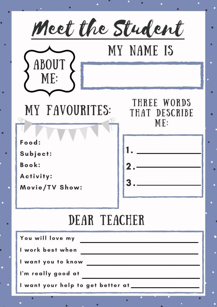 a blue and white poster with the words meet the student about me my name is