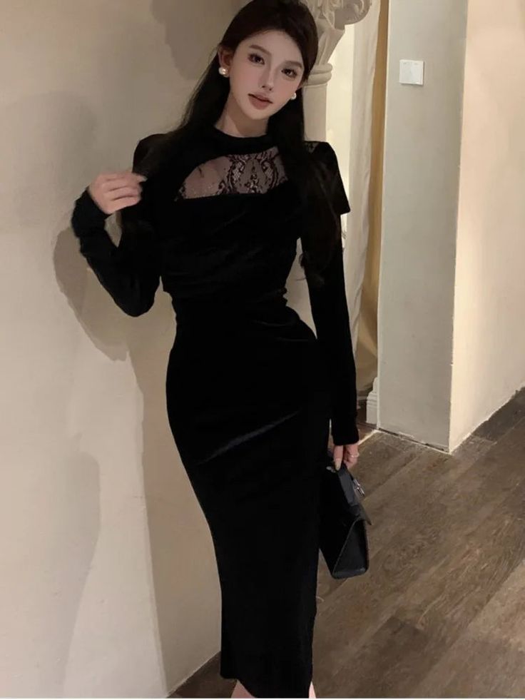 48106663084309|48106663117077|48106663149845 Elegant Velvet Dress, Black Dress Elegant, Velvet Bodycon Dress, Long Sleeve Velvet Dress, Velvet Maxi Dress, Evening Dress Fashion, Bodycon Maxi Dresses, Lace Evening Dresses, Fairy Dress