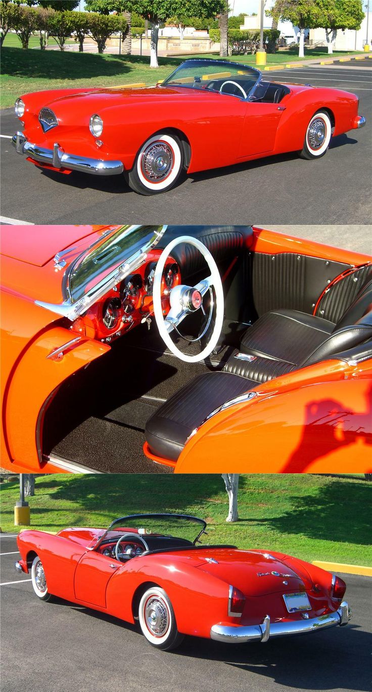 two pictures of an old red car with the door open and the interior in view