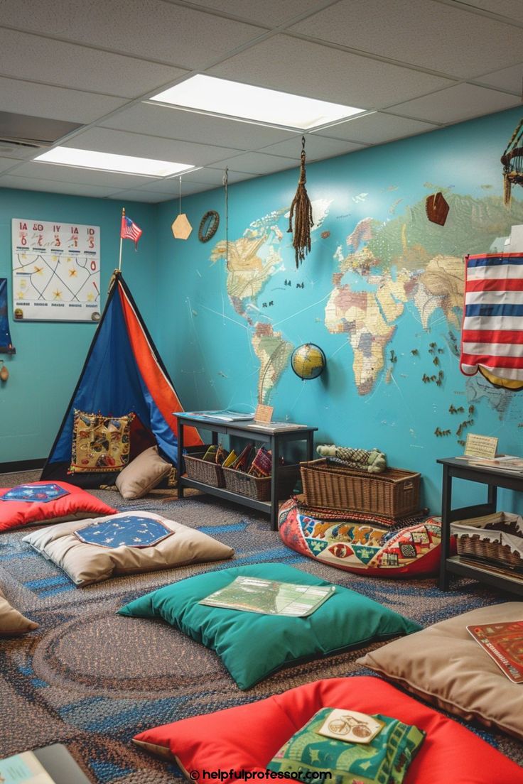 a room filled with lots of pillows on the floor and a world map on the wall