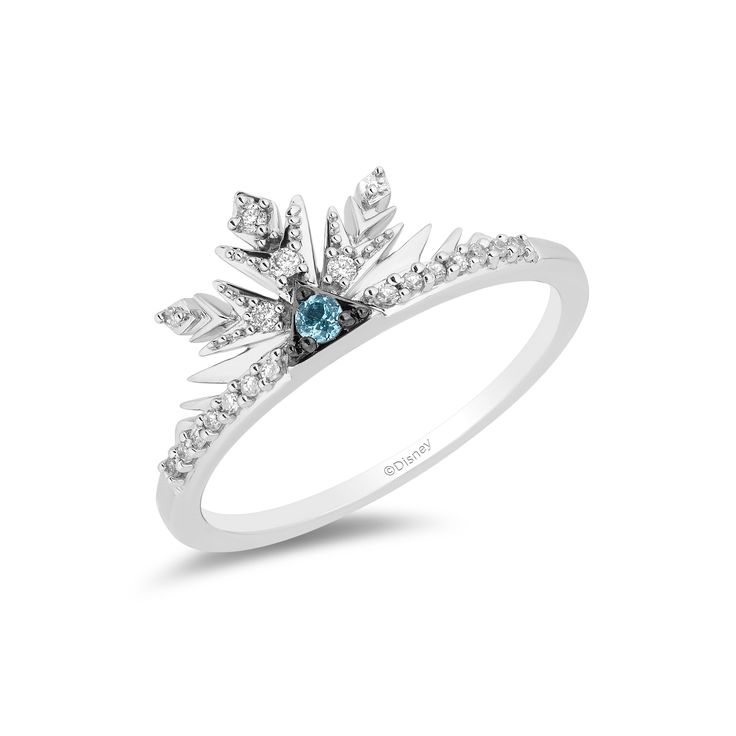 Whimsy and elegance beautifully collide in this piece of fine jewelry. A stunning creation from Enchanted Disney Fine Jewelry, here is a slender sterling silver band with a snowflake centerpiece highlighted by a sky blue topaz center stone. Diamonds in 1/10 carat total weight make the ring shine a sophisticated sparkle. Add this to your jewelry box and have something handy when you need to give your look a magical twist. Snowflake Wedding Ring, Snowflake Centerpiece, Elsa Snowflake, Disney Rings, Frozen 2 Elsa, Snowflake Ring, Fandom Jewelry, Snow Wedding, Enchanted Disney