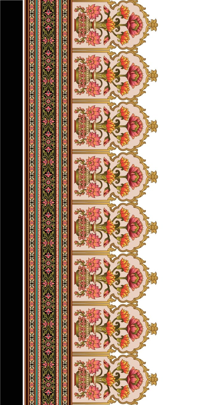 an intricately designed rug with red, yellow and green designs on the border is shown