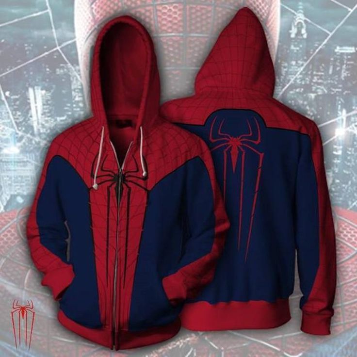 the amazing spider - man zip up hoodie is shown in red, blue and black