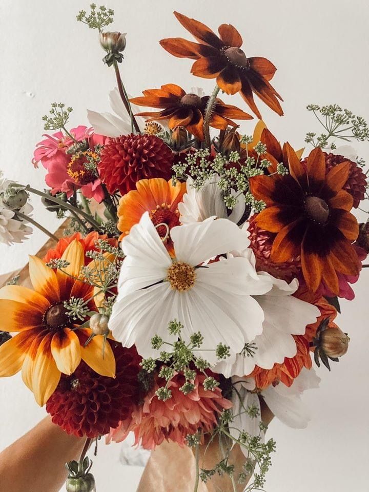 a person holding a bouquet of flowers in front of a white wall with red, orange and yellow flowers