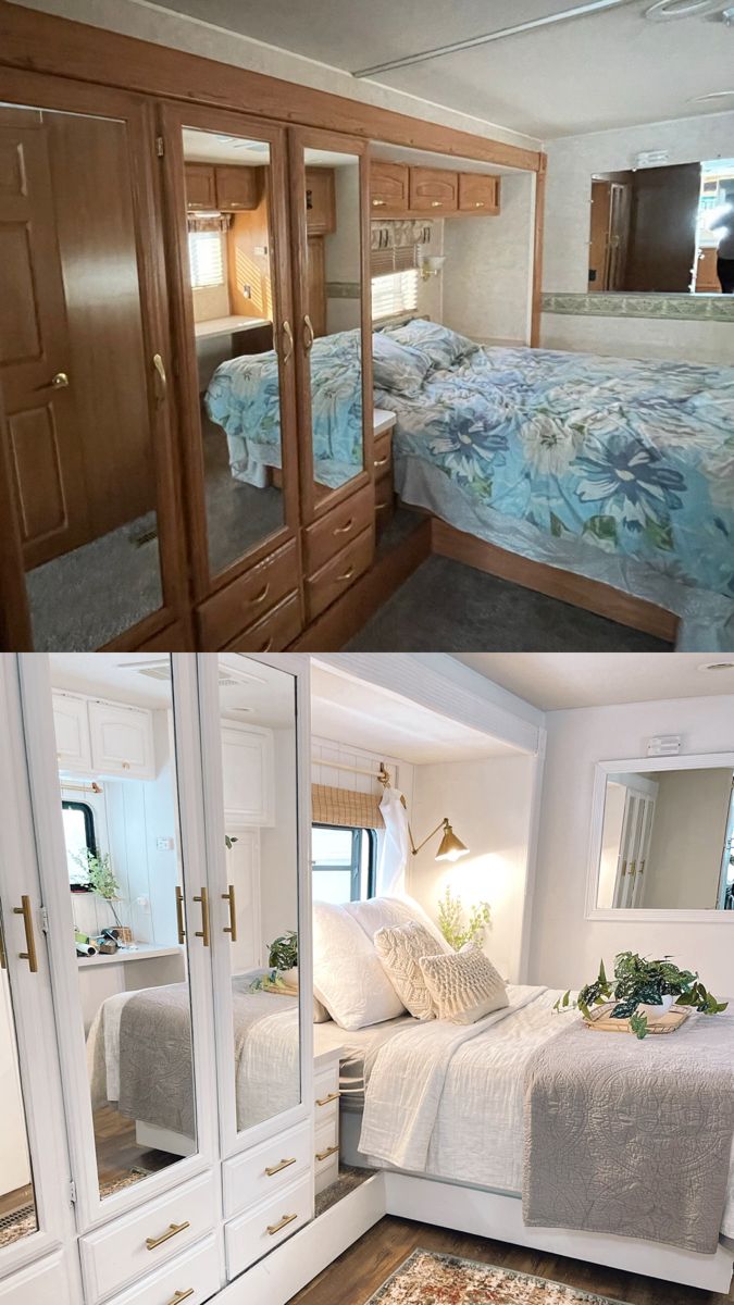 there are pictures of the inside of a bedroom with furniture and decor on display in it