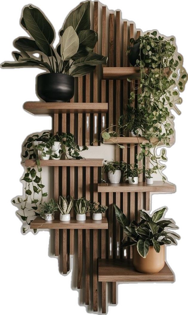 a wooden shelf filled with potted plants on top of it's sides next to a wall mounted planter