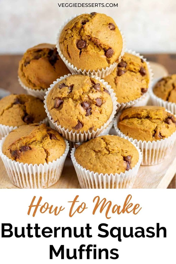 how to make butternut squash muffins with chocolate chips on top and text overlay