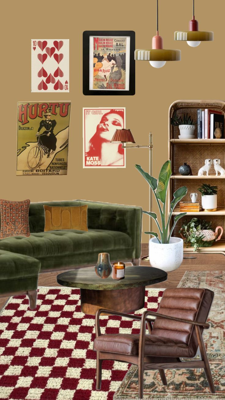 a living room filled with furniture and pictures on the wall