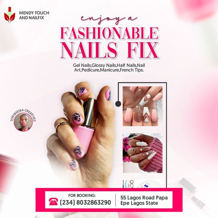 an advertisement for nail salons with pink and white designs on it's nails