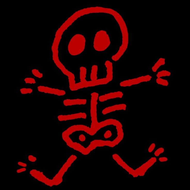 a red skull and crossbones on a black background with the word dead written below it