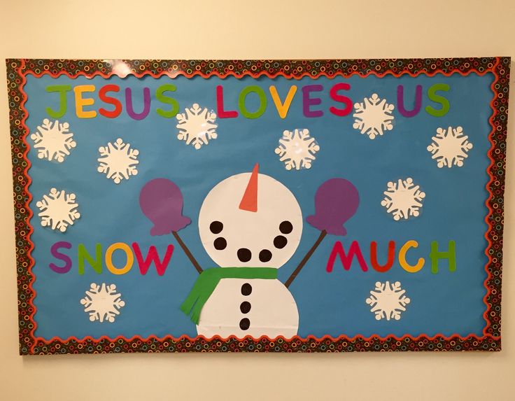 a bulletin board that says jesus loves us snow much with a snowman on it