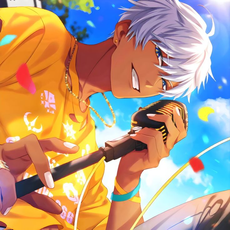 an anime character holding a microphone in his hand