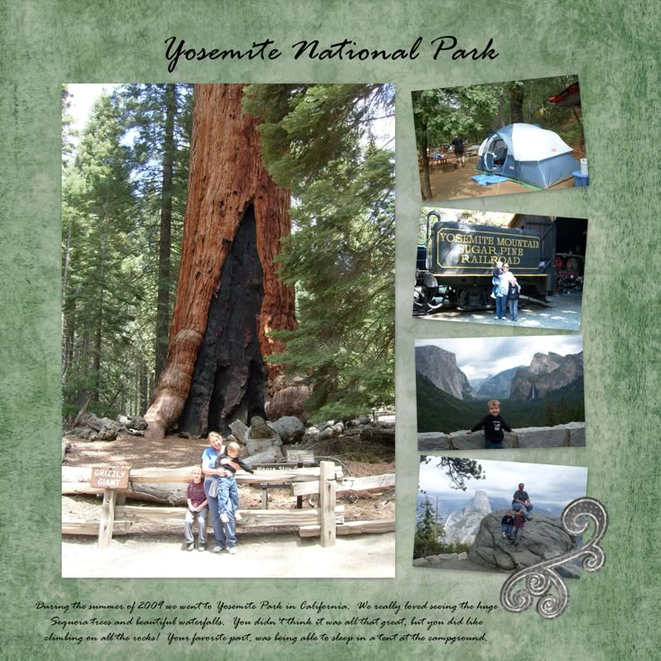 an advertisement for the yosemite national park with pictures of people standing near a large tree