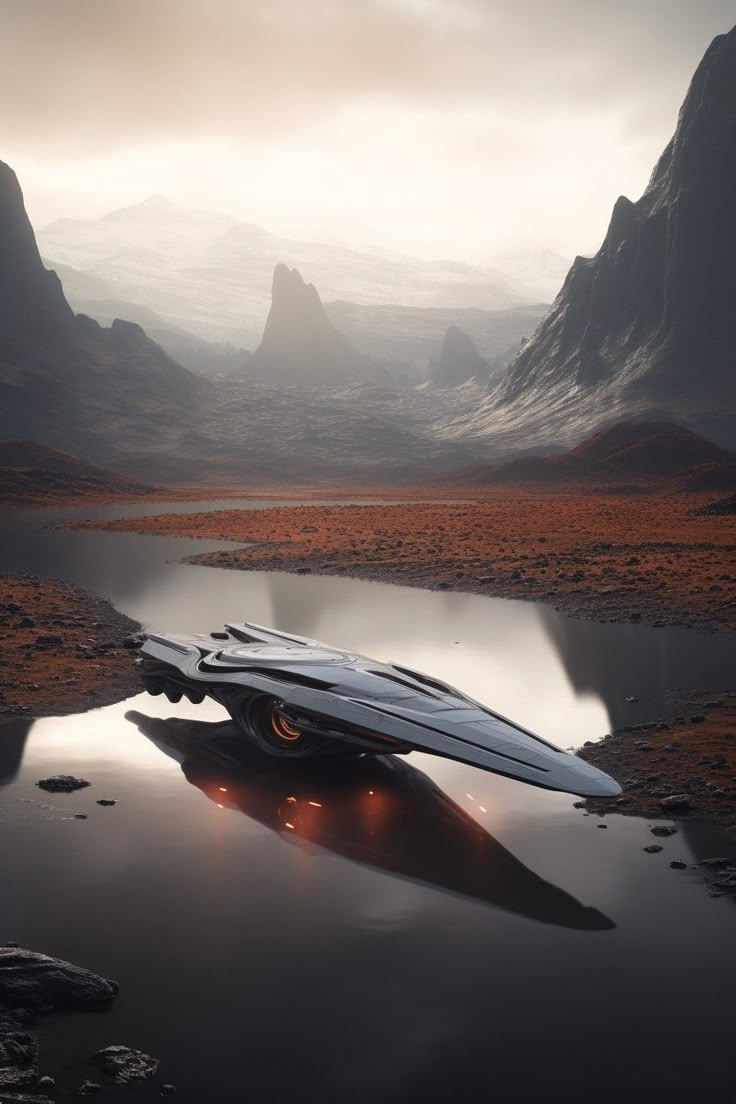 a futuristic vehicle floating on top of a lake in the middle of a mountain range