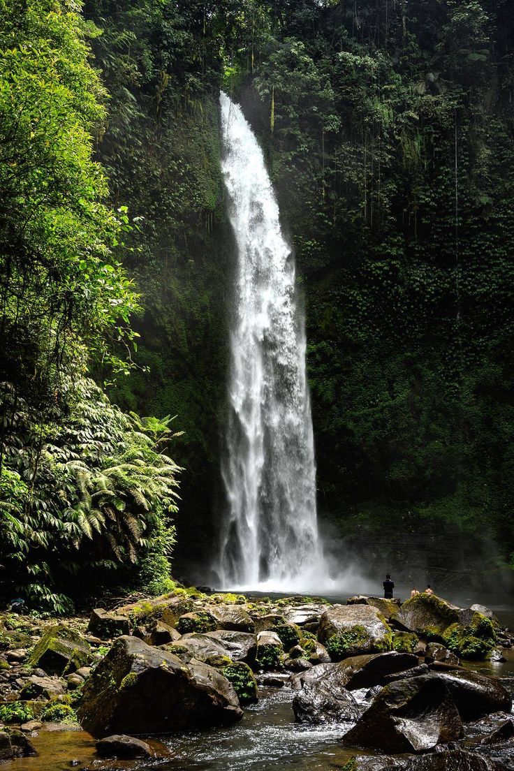 a man standing in front of a waterfall with lots of rocks and trees around it