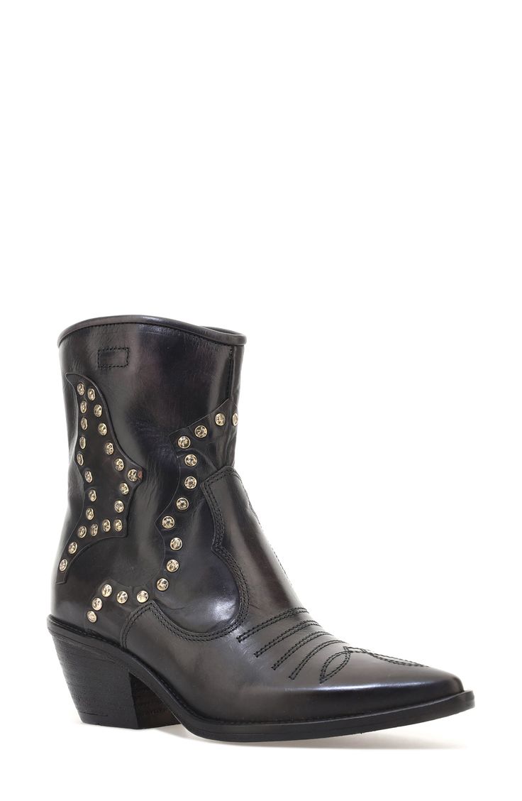 Hammered studs punctuate the classic embroidery that illustrates the short shaft on this Western boot that kicks your outfit up a notch or two. 2 1/2" heel 6 1/2" shaft Side zip closure Leather upper and lining/synthetic sole Imported Western Boots With Rhinestone Rivets For Fall, Western Studs Boots For Fall, Western Boots With Silver Studs For Fall, Western Style Studded Heeled Boots For Fall, Western Style Snip Toe Boots With Studs, Black Western Combat Boots, Western Snip Toe Boots With Studs, Western Style Studded Snip Toe Boots, Western Winter Boots With Studs