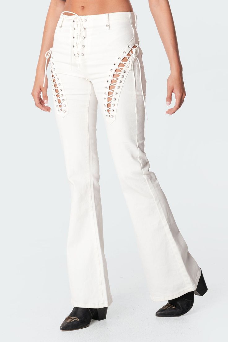 Flared jeans Cotton, Polyester, Spandex High-waisted Lace-up details Lace front closure Model wears size S Model height is 5'7 Item care: Wash with similar color White Flare Pants, High Waist Flare Jeans, White Flared Jeans, Country Style Outfits, White Flares, Cute Pants, Denim Patterns, Swimwear Dress, Cute Jeans