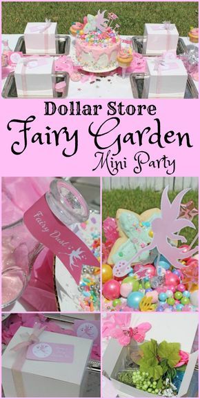 dollar store fairy garden party with pink and white decorations, candy boxes, and other items