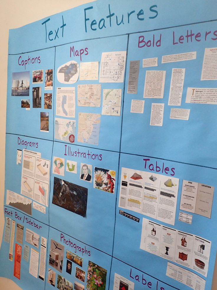 a bulletin board with different types of text features on it and pictures pinned to the wall