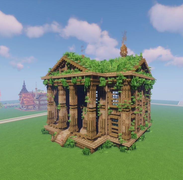 a small house made out of wood and vines on the roof is shown in this minecraft image