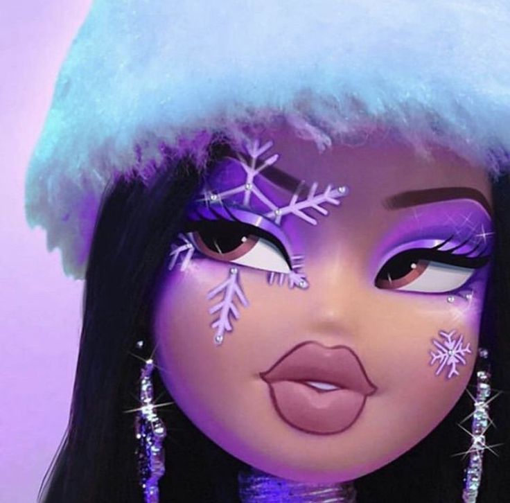 a close up of a doll with snowflakes on her face