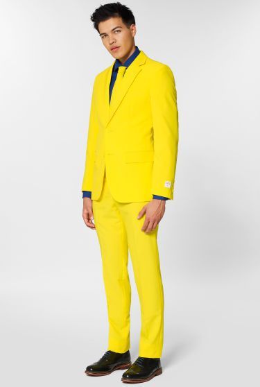 Yellow Fellow | Yellow Suit | Neon Suit | OppoSuits Fitted Yellow Suits For Parties, Fitted Yellow Party Suits, Yellow Suits For Spring Workwear, Spring Yellow Suits For Workwear, Fitted Suits For Summer Parties, Spring Yellow Suits For Work, Fitted Summer Party Suits, Fitted Yellow Suits For Spring, Prom Suits Unique