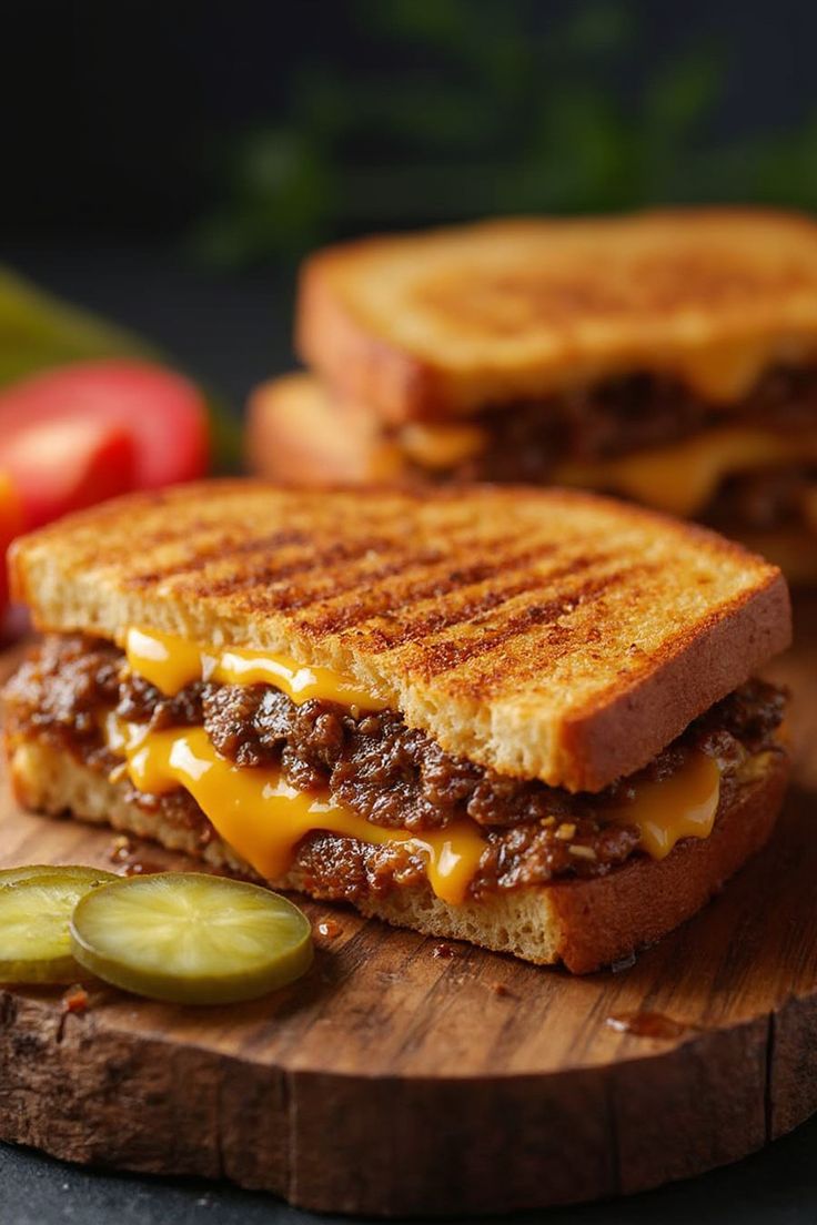 a grilled cheese sandwich with pickles on a cutting board