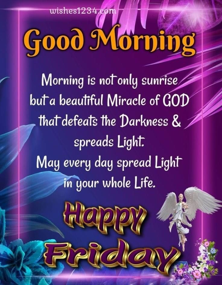 happy friday good morning card with angel and flowers on the purple flowered background,