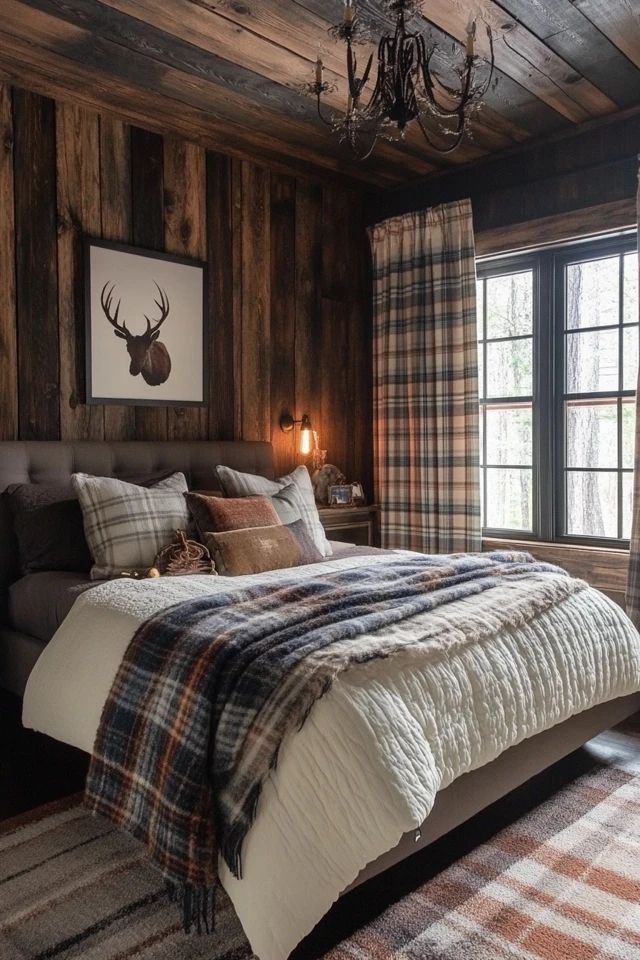 a bed sitting in a bedroom under a window next to a chandelier on a wooden wall