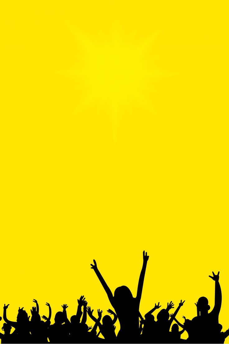 a group of people standing in front of a bright yellow sky with their arms up