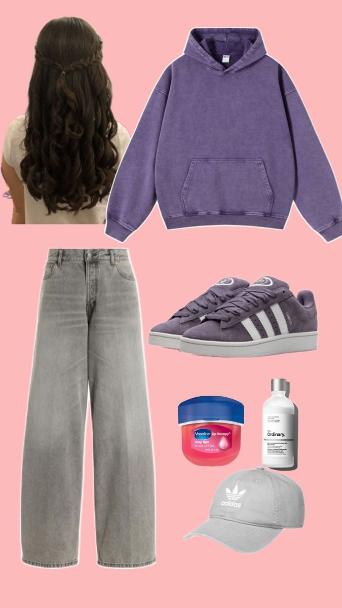 sandwich method, grey pants , purple hoodie , puple sneakers , puple samvba , fashion , style , outfit inspo , girls , ideas ,fashionista Grey Baggy Pants, Baggy Pants Outfit, Purple Adidas, Adidas Cap, Cap Outfit, Casual Outfit Inspiration, Purple Hoodie, Purple Outfits, Shoes Grey