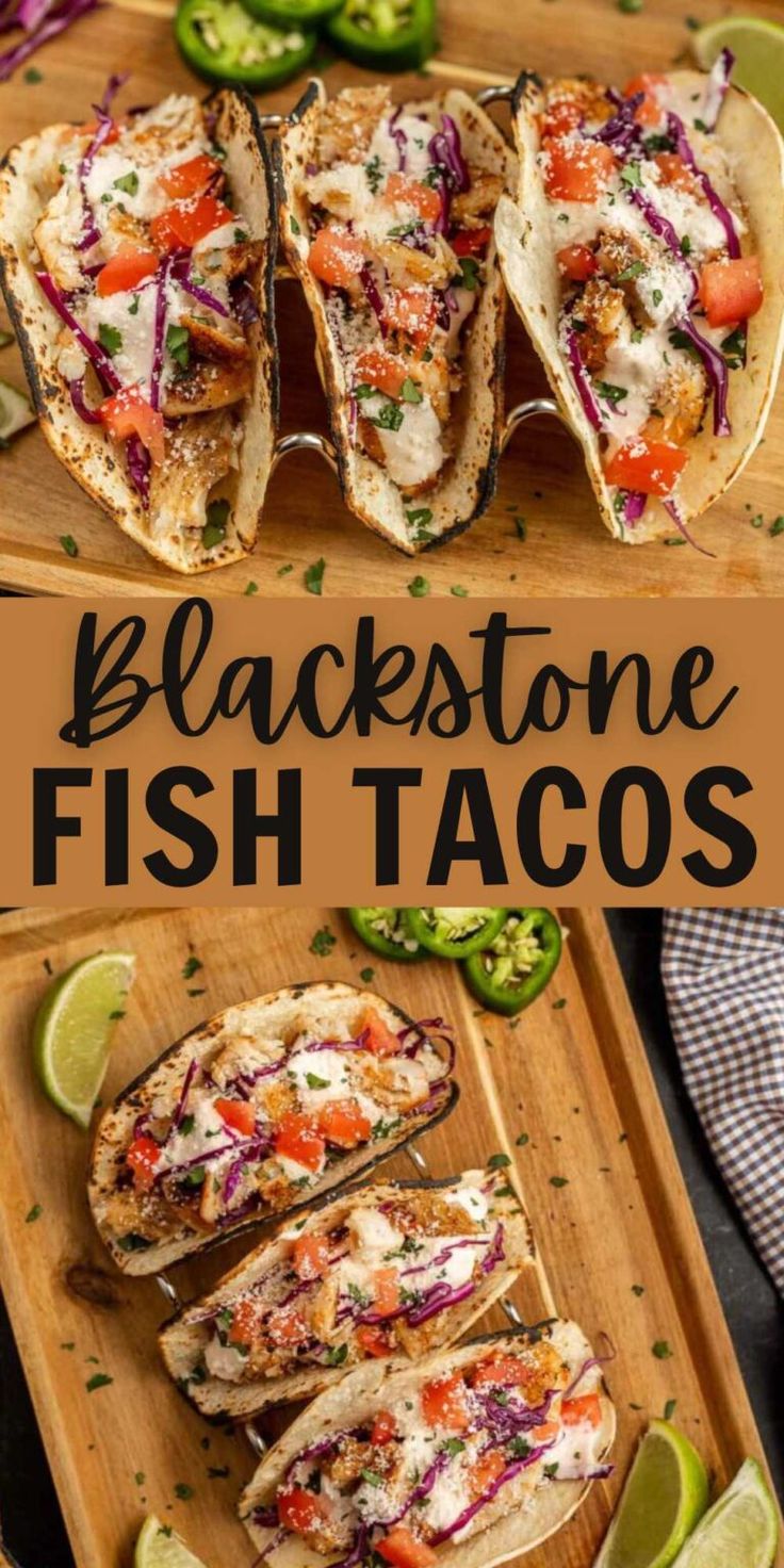 black stone fish tacos on a cutting board with limes and jalapenos