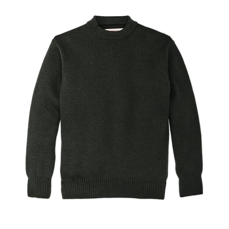 Made in the USA, the Filson Crewneck Guide sets the standard for what a sweater should be–non-bulky, with density that makes it exceptionally warm and durable. With ample stretch and outstanding breathability, this sweater would be unnoticeable to wear if not for its exceptional warmth. The rib-knit collar, cuffs and hem ensure a custom fit and retain their shape year after year. The USA-sourced wool comes from merino sheep prized for their long, fine fleece. Merino wool's wavy crimp yields a soft and sturdy fabric with natural memory and shape retention. Merino wool fibers consist of thousands of tiny filaments sheathed within overlapping scales that are naturally water-resistant, and any moisture that does penetrate the fiber is wicked to the tips for evaporation. This capillary action i Wool Crew Sweater With Ribbed Cuffs, Cozy Wool Sweatshirt With Ribbed Cuffs, Classic Fitted Sweater For Cold Weather, Outdoor Merino Wool Long Sleeve Sweater, Outdoor Long Sleeve Merino Wool Sweater, Wool Sweater With Relaxed Fit, Wool Crew Neck Outerwear, Classic Wool Crew Sweater, Classic Crew Neck Outerwear For Cold Weather