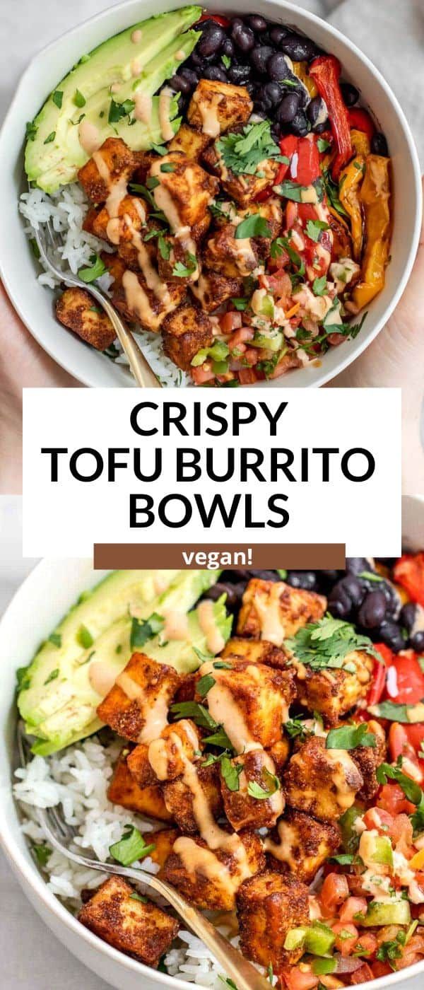 two bowls filled with crispy tofu burrito bowls