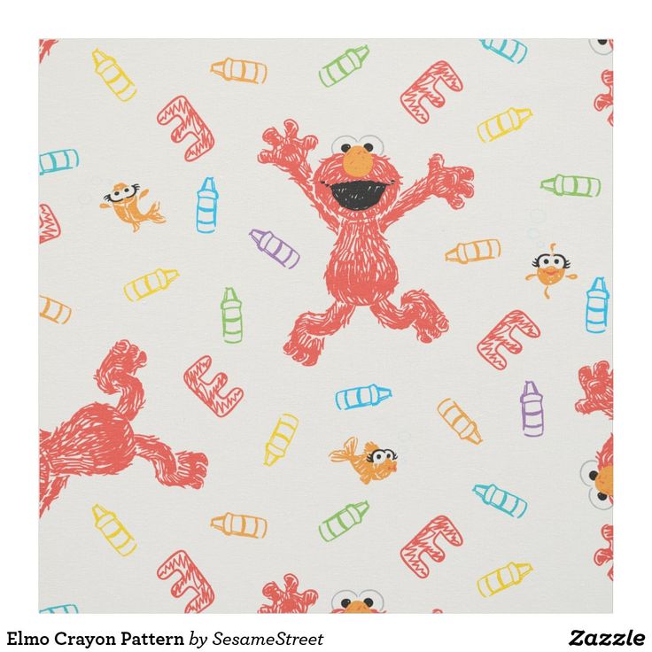 the sesame character is on white fabric with colorful crayons and other cartoon characters