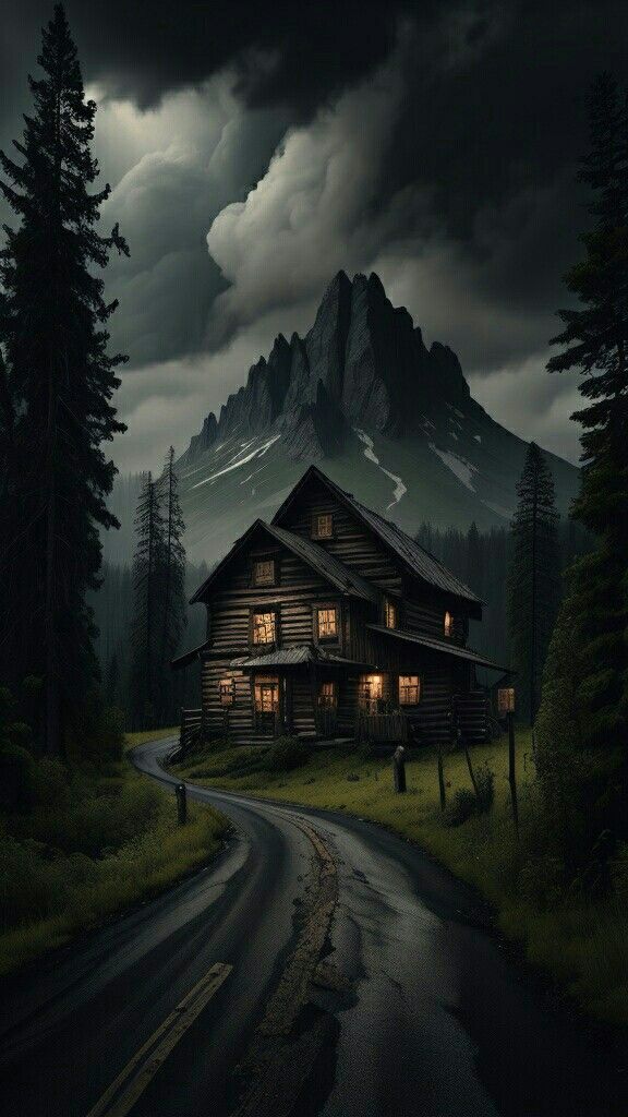 an old cabin in the woods at night with lights on and dark clouds above it