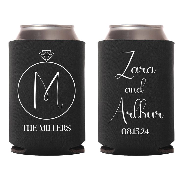 two black can coolers with the names and date printed on them, one has a diamond