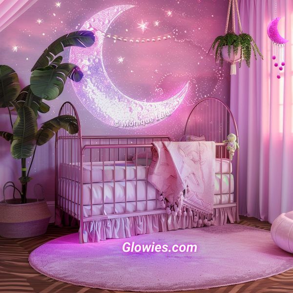 a baby's room decorated in pink and white with stars, moon and crescent on the wall