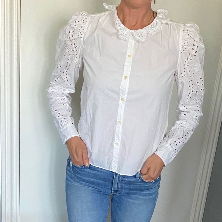 Romantic, Eyelet Blouse With Puckered Shoulders. Size Xs 100% Cotton Feminine Broderie Anglaise Blouse For Brunch, Casual Fitted Blouse With Broderie Anglaise, Fitted Casual Blouse With Broderie Anglaise, Fitted Broderie Anglaise Blouse For Day Out, Fitted Blouse With Broderie Anglaise, Fitted Broderie Anglaise Blouse, Chic Fitted Broderie Anglaise Blouse, Fitted Broderie Anglaise Chic Blouse, Eyelet Blouse