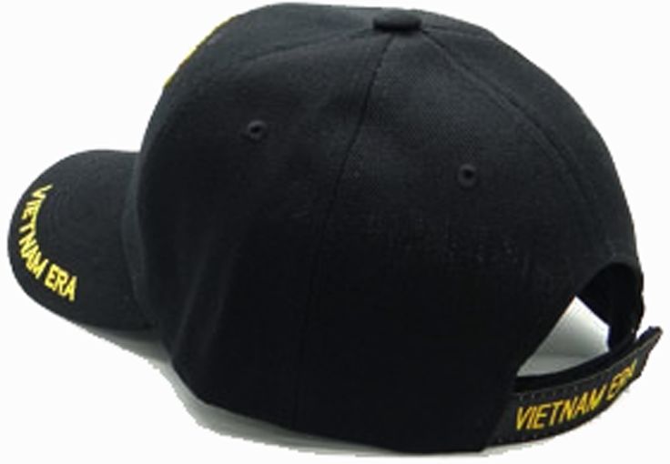 US ARMY Vietnam ERA Veteran Hat, 1960 to 1975 Embroidered letters Celebrates the service of Vietnam ERA Veterans Adjustable strap to fit most adults, men and some women Pre-curved bill. Structured, mid-profile crown, button top and sewn eyelets for ventilation Durable, acrylic fabric that resists stains and fading. Easier to clean than cotton Black and gold colors Military Style Baseball Cap With Embroidered Logo, Black Military Trucker Hat, Military Style Black Snapback Cap, Black Military Hat With Curved Bill, Military Style Black Snapback Hat, Black Military Snapback Hat With Curved Bill, Military Style Black Adjustable Snapback Hat, Military Style Black Visor Snapback Hat, Adjustable Black Military Snapback Hat