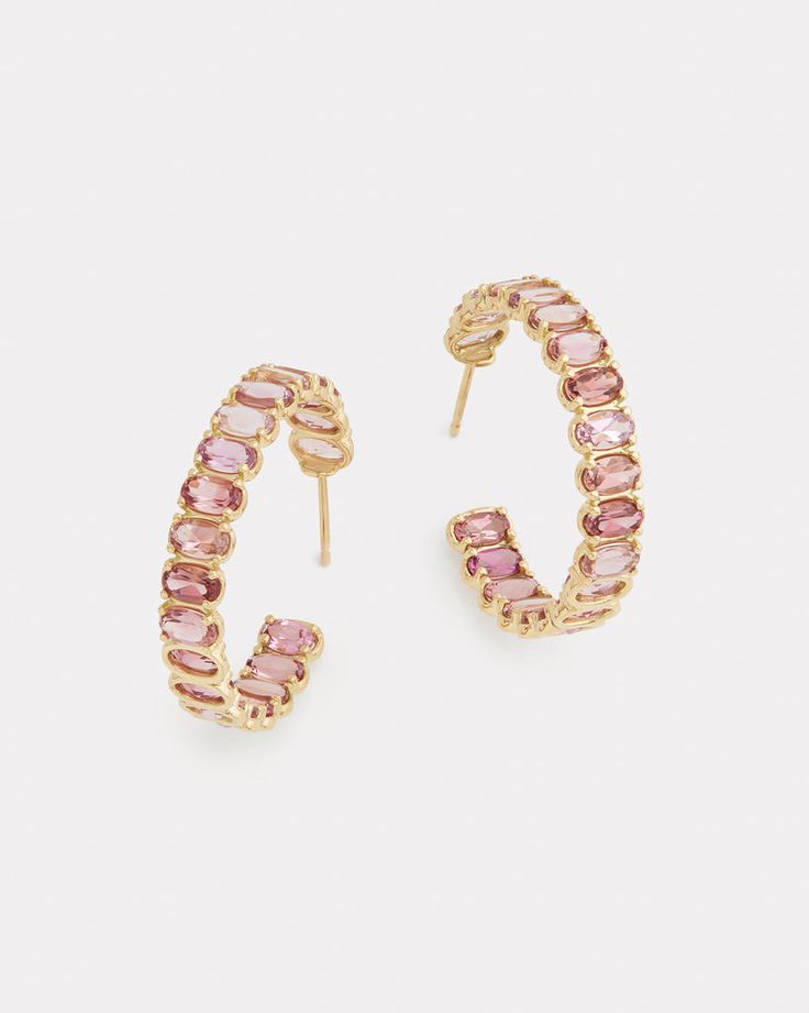 18K Yellow Gold Hoop Earring with Oval Shaped Pink Tourmaline 1 Inch Diameter Style# YEOVHPT Gold Hoop Earring, Pear Shaped Ring, Floral Necklace, Bracelet Collection, Green Tourmaline, Gold Hoop, Gold Hoop Earrings, Pink Tourmaline, Ring Necklace